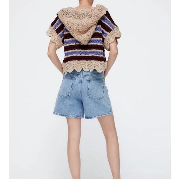 (Flawed) Zara Striped Crochet Knit Top Brown/Blue Cream Hooded Size Small - Picture 4 of 10